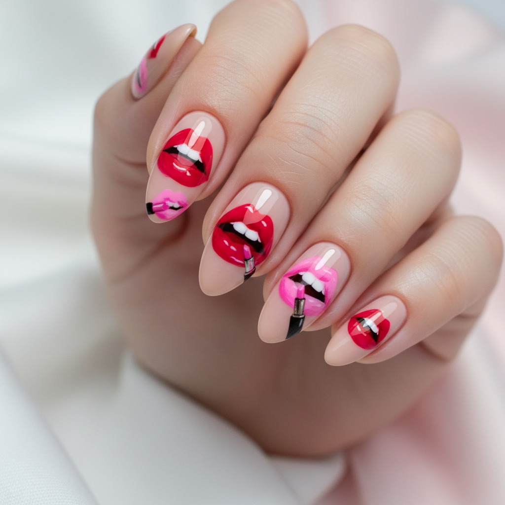 Nude-colored manicured fingernails feature detailed painted red and pink lips with miniature lipsticks being applied.