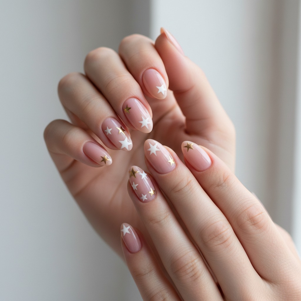 Close-up of neatly manicured almond-shaped nails with a translucent pink base and small white and gold star decals.