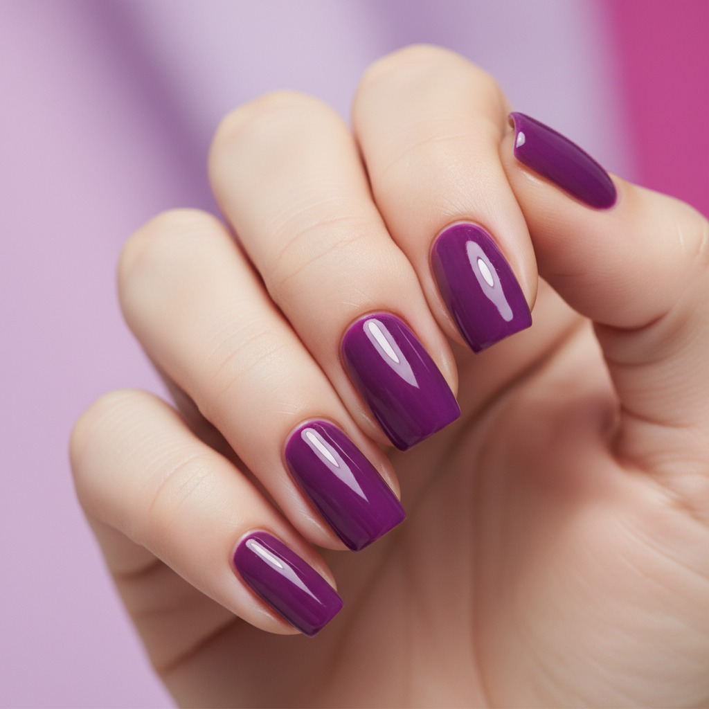 A hand with neatly manicured nails painted in a glossy deep purple color against a soft pink and purple gradient background.