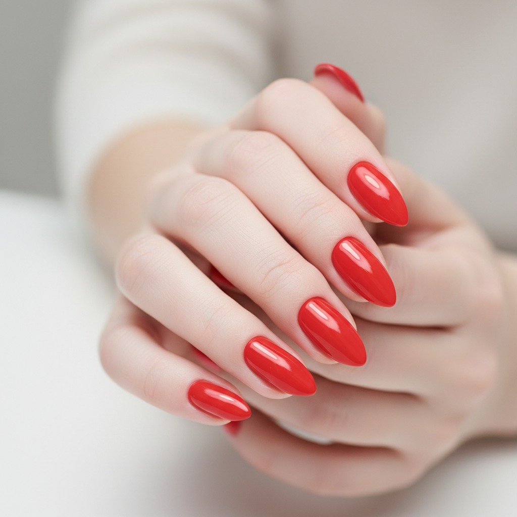 A close-up of a pair of hands with almond-shaped nails painted a glossy, bright red.