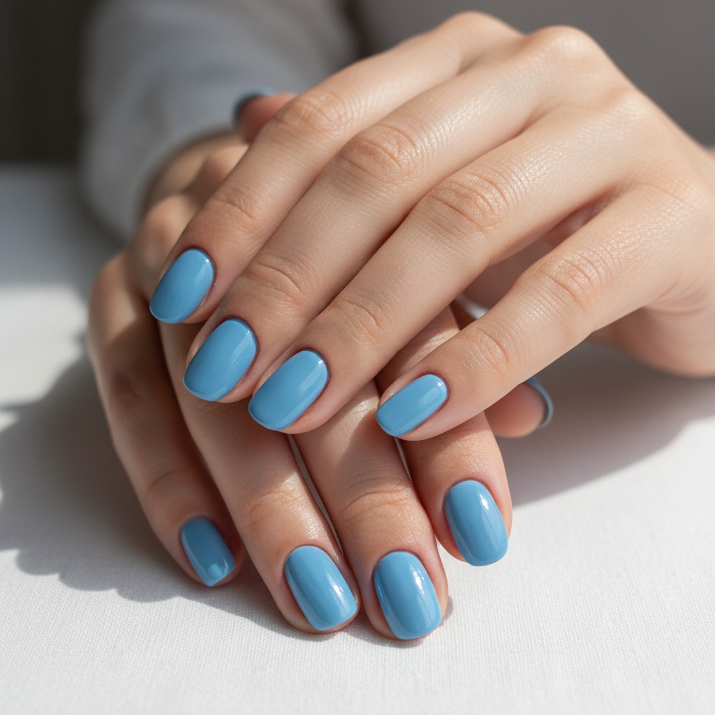 A close-up of neatly manicured hands resting on a white surface with glossy light blue nail polish.