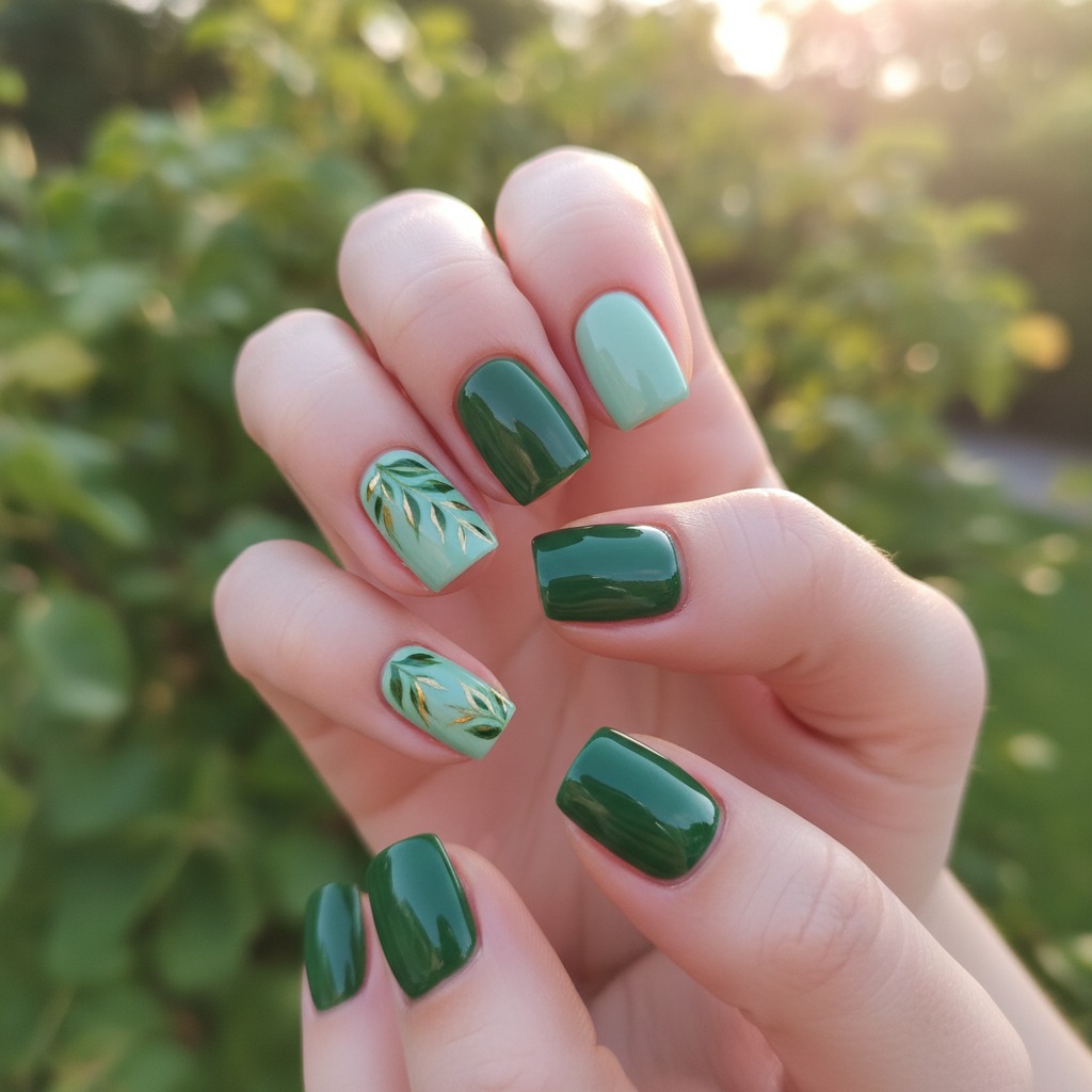 A person's hands display manicured short nails painted in various shades of green, with some featuring delicate gold leaf nail art against a leafy background.