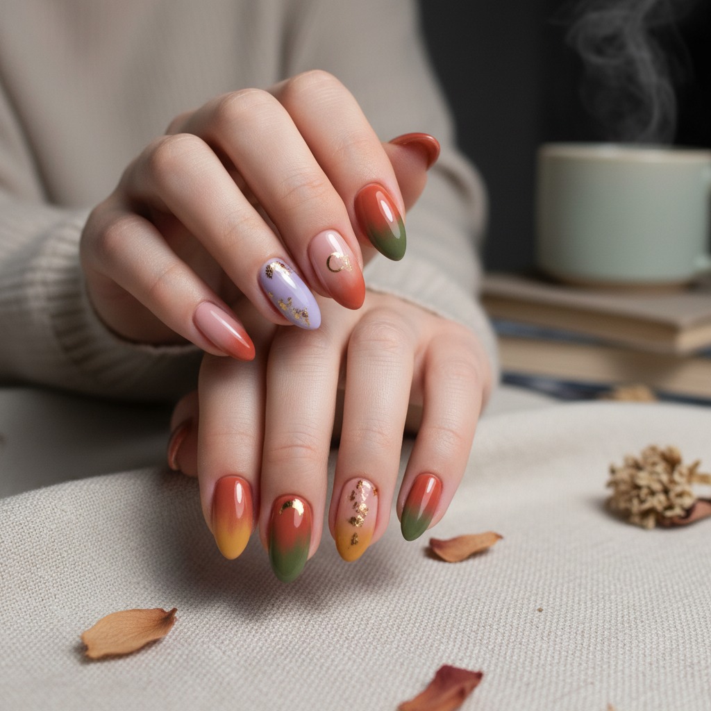 Close-up of hands displaying almond-shaped nails with autumn-themed gradient colors and gold foil accents.