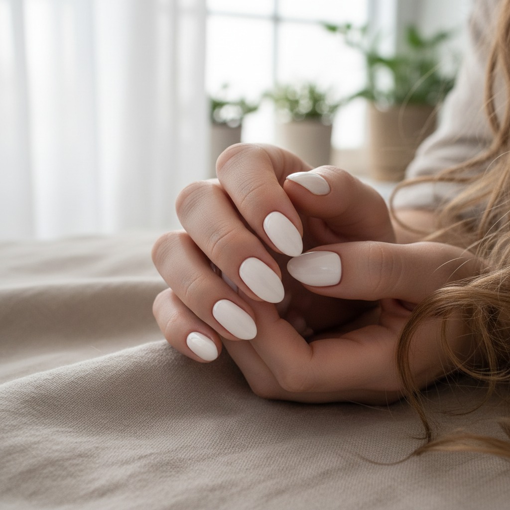 Close-up of hands resting on a beige surface, showcasing almond-shaped nails with a glossy white manicure.