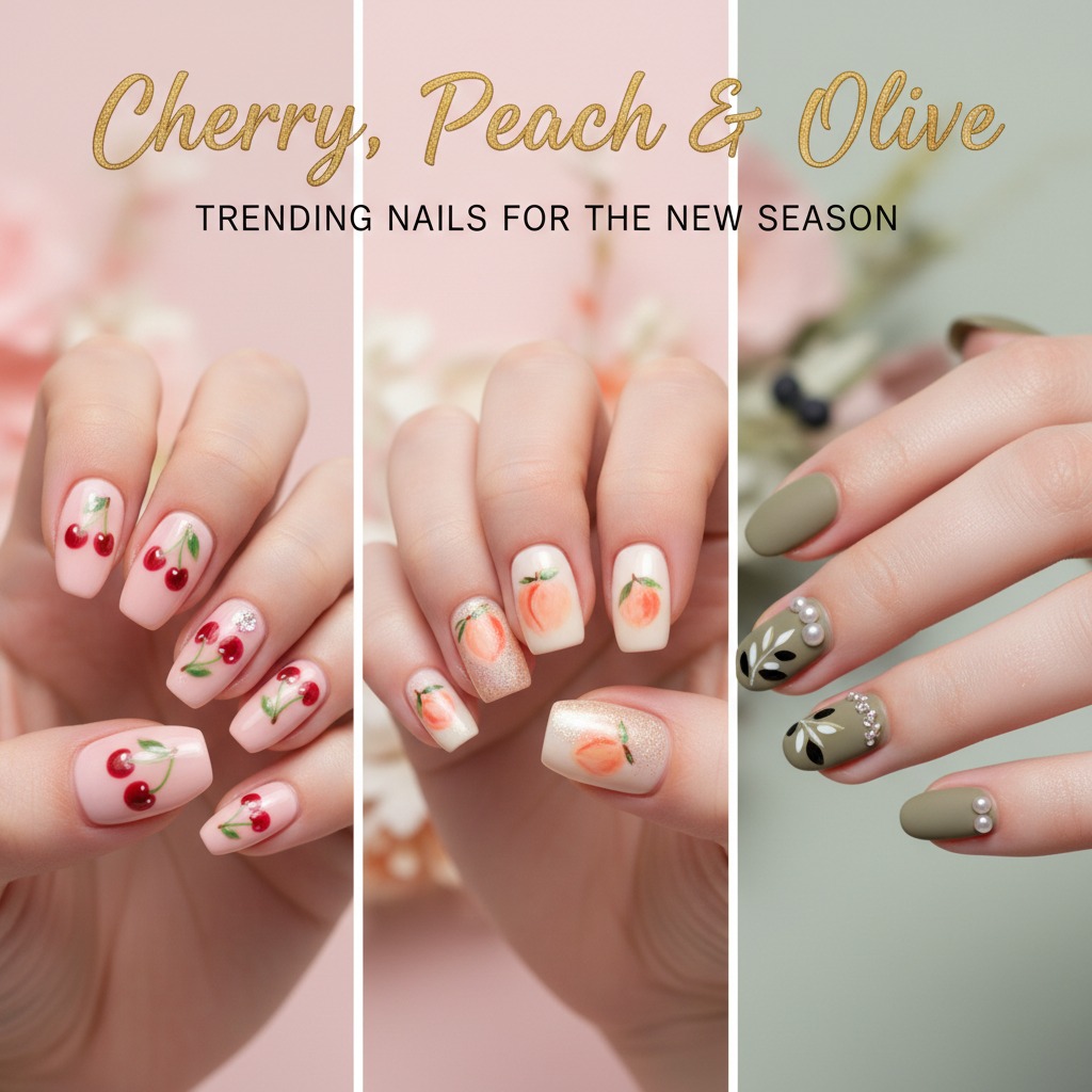 A promotional graphic showcases three hand models with trending nail art designs featuring cherry, peach, and olive motifs.