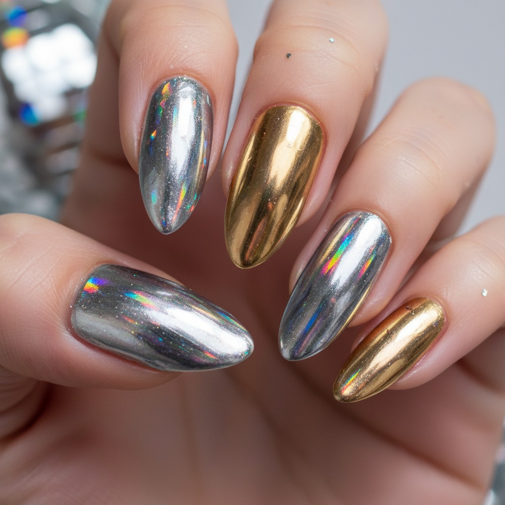 A close-up of a hand displaying long, almond-shaped nails with alternating metallic silver and gold chrome finishes that reflect rainbow-like holographic highlights.