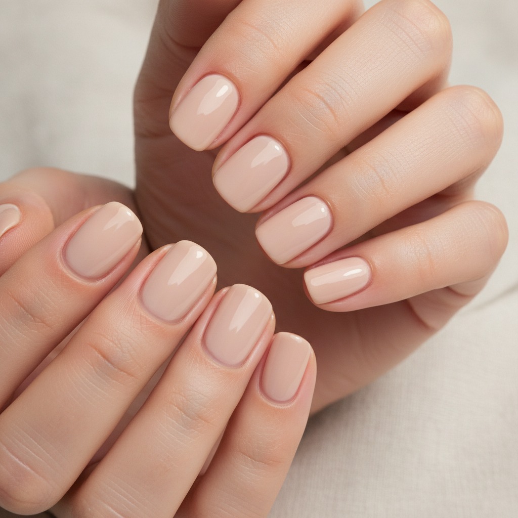 A close-up of hands with short, well-groomed nails painted with glossy nude polish.