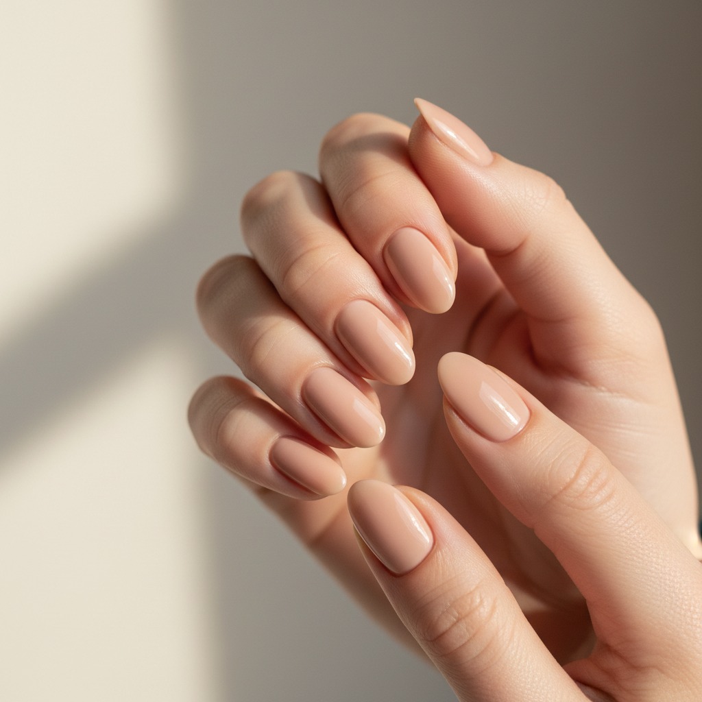 A hand with neatly manicured almond-shaped nails painted in a glossy, neutral beige shade.