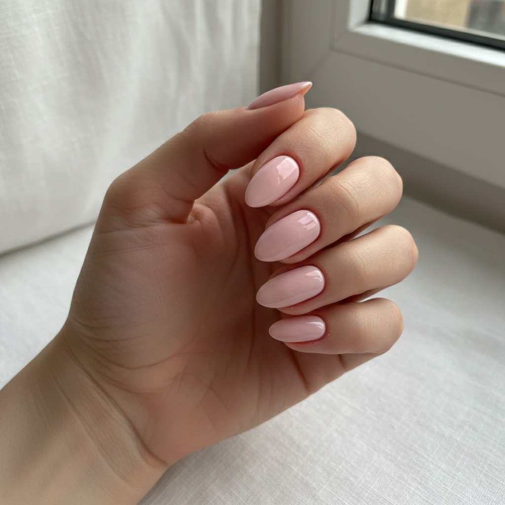 A woman's hand displays almond-shaped nails with a glossy pale pink polish.